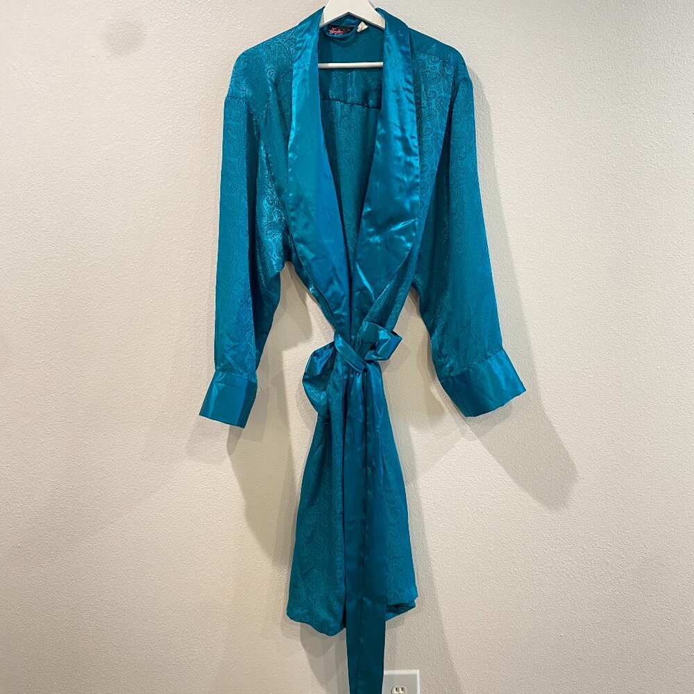 Frederick’s of Hollywood Green Satin Long Sleeve Robe – Vintage, One Size